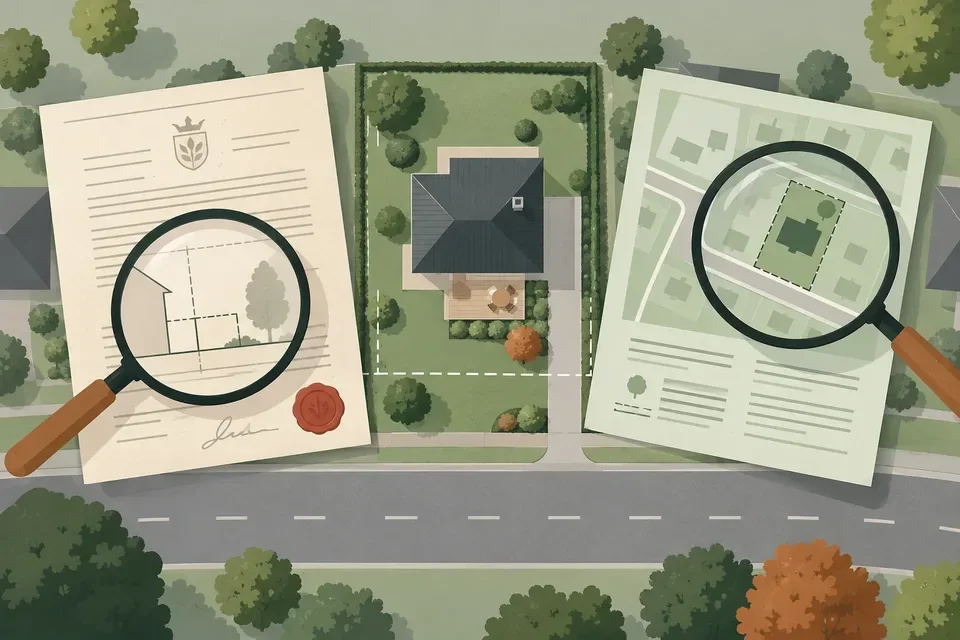 To dokumenter og et grundkort viser byggelinjer ved et hus.