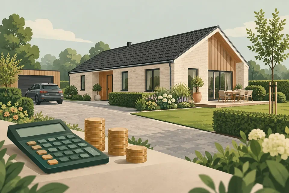 Hus, grund og udendørsarealer vises sammen med mønter og en lommeregner.