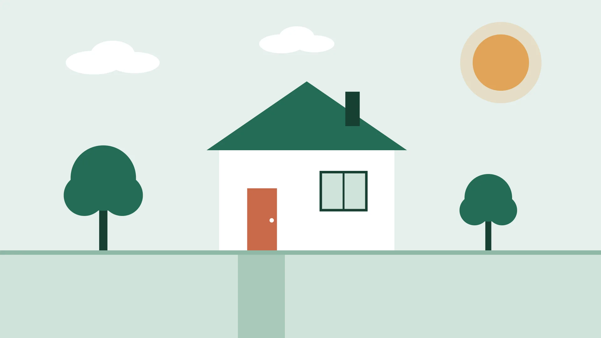 Illustration af et nybygget hus med grønt tag, to træer og sol