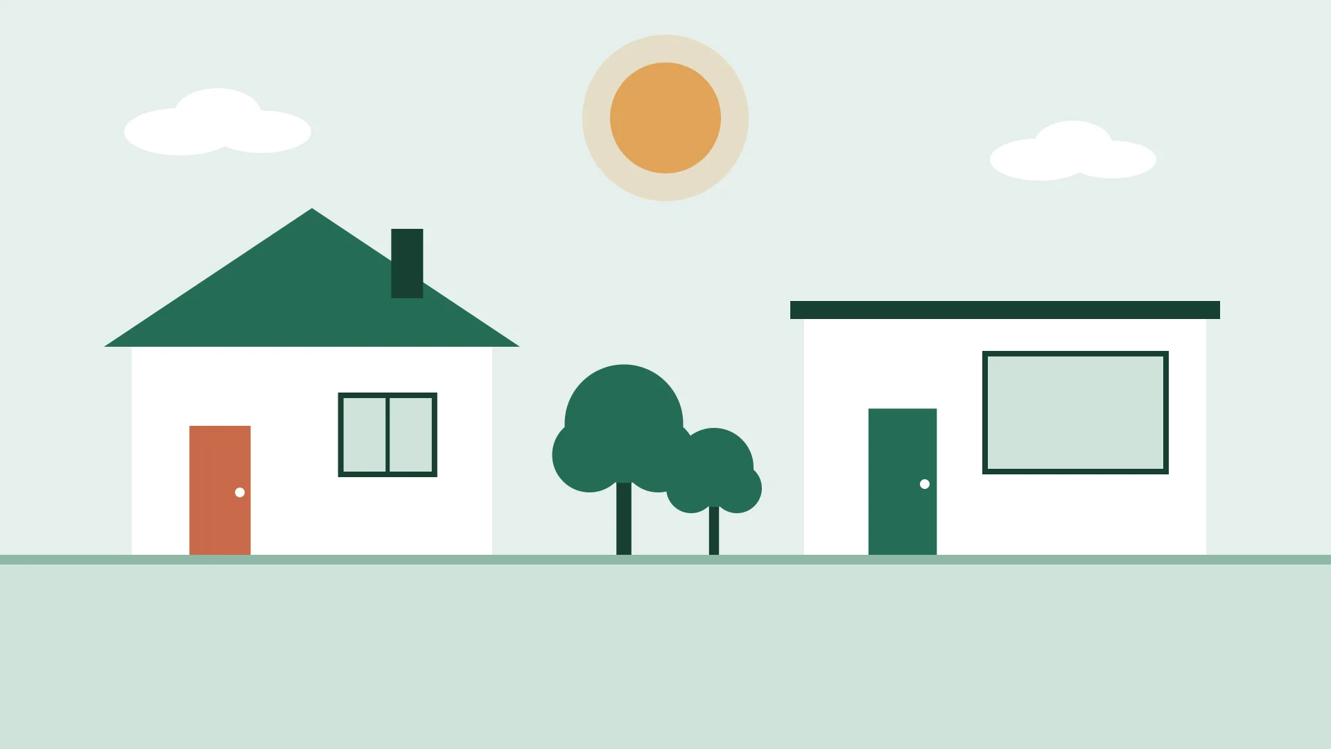 Illustration af to huse side om side, et med sadeltag og et med fladt tag