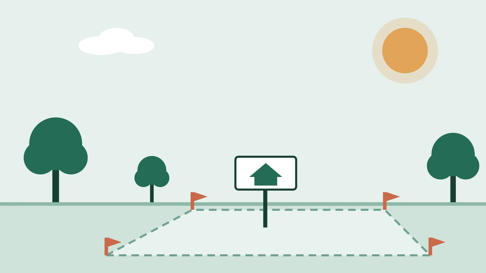 Illustration af en tom byggegrund afmærket med røde flag og et skilt med et hus