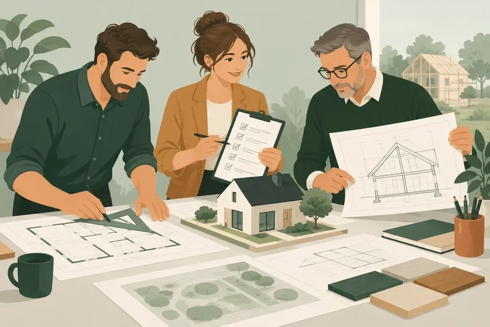 Rådgivere gennemgår en husmodel, en plantegning og en tjekliste.