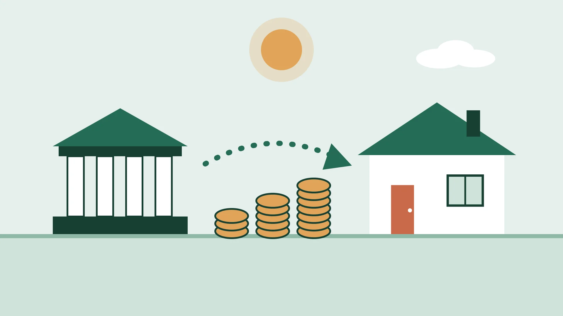 Illustration af en bank, stakke af mønter og en pil, der peger mod et hus
